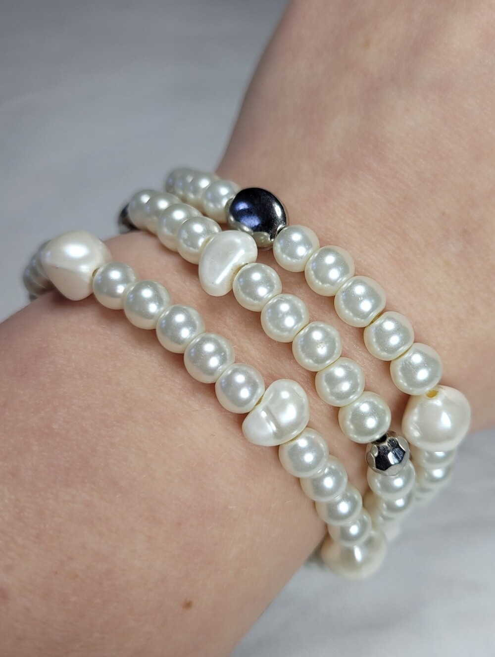 3 White Faux Pearl Beaded Stretch Bracelet Set With Silver Accents